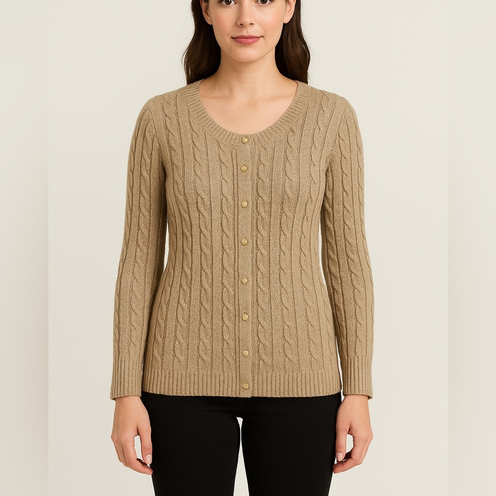 Talbots Beige Cable Knit V-Neck Cardigan with Long Sleeves Sparkle